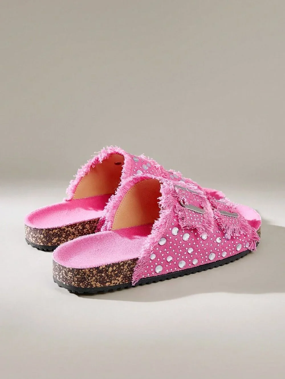 Hot Pink Casual Women's Round Toe Fringed Rhinestone Double Buckle Flat Shoes